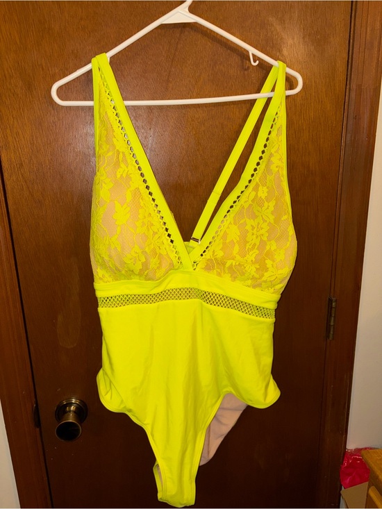 Other - Neon Yellow Lace V-Neck One-Piece Swimsuit
